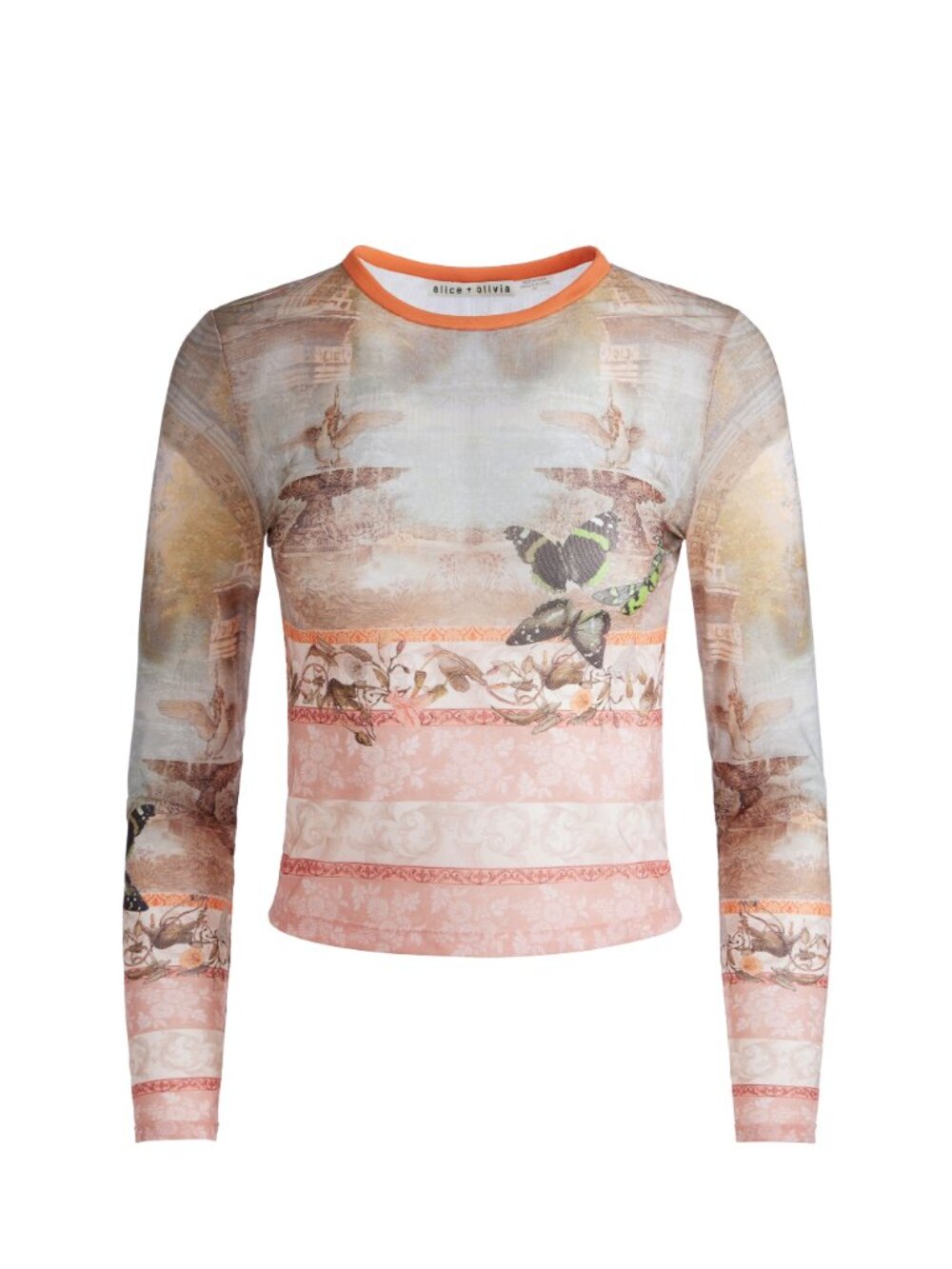 Alice + Olivia Sheer Long Sleeve Print Top with Orange Trim - Picture 2 of 4